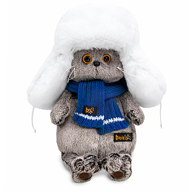 Кот Басик в белой меховой шапке 30см